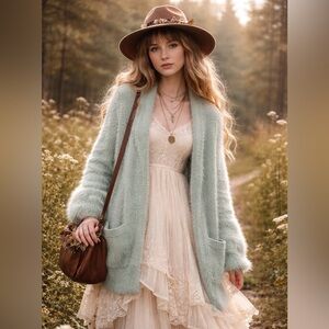 Pins & Needles UO Fuzzy Cardigan Sweater Mint Green Shaggy Poetcore Small